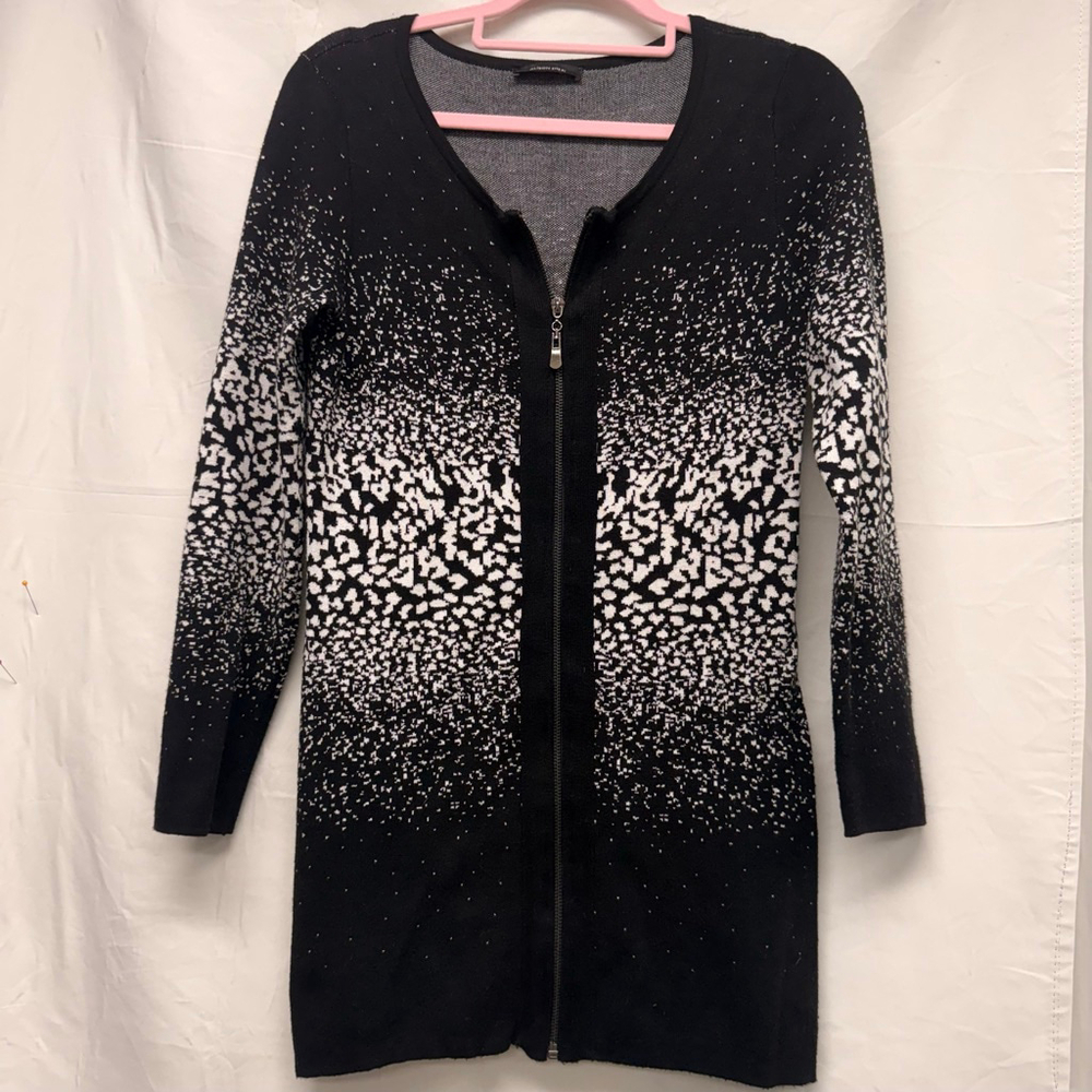 Women's ALISON SHERI Black & White Patterned Zip Cardigan M
